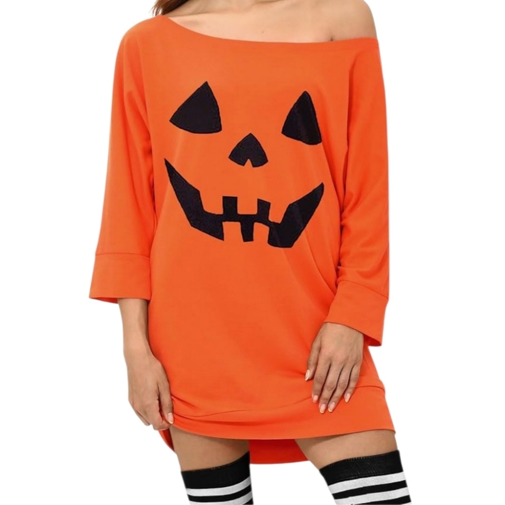 Orange Pumpkin Jersey Off The Shoulder Dress